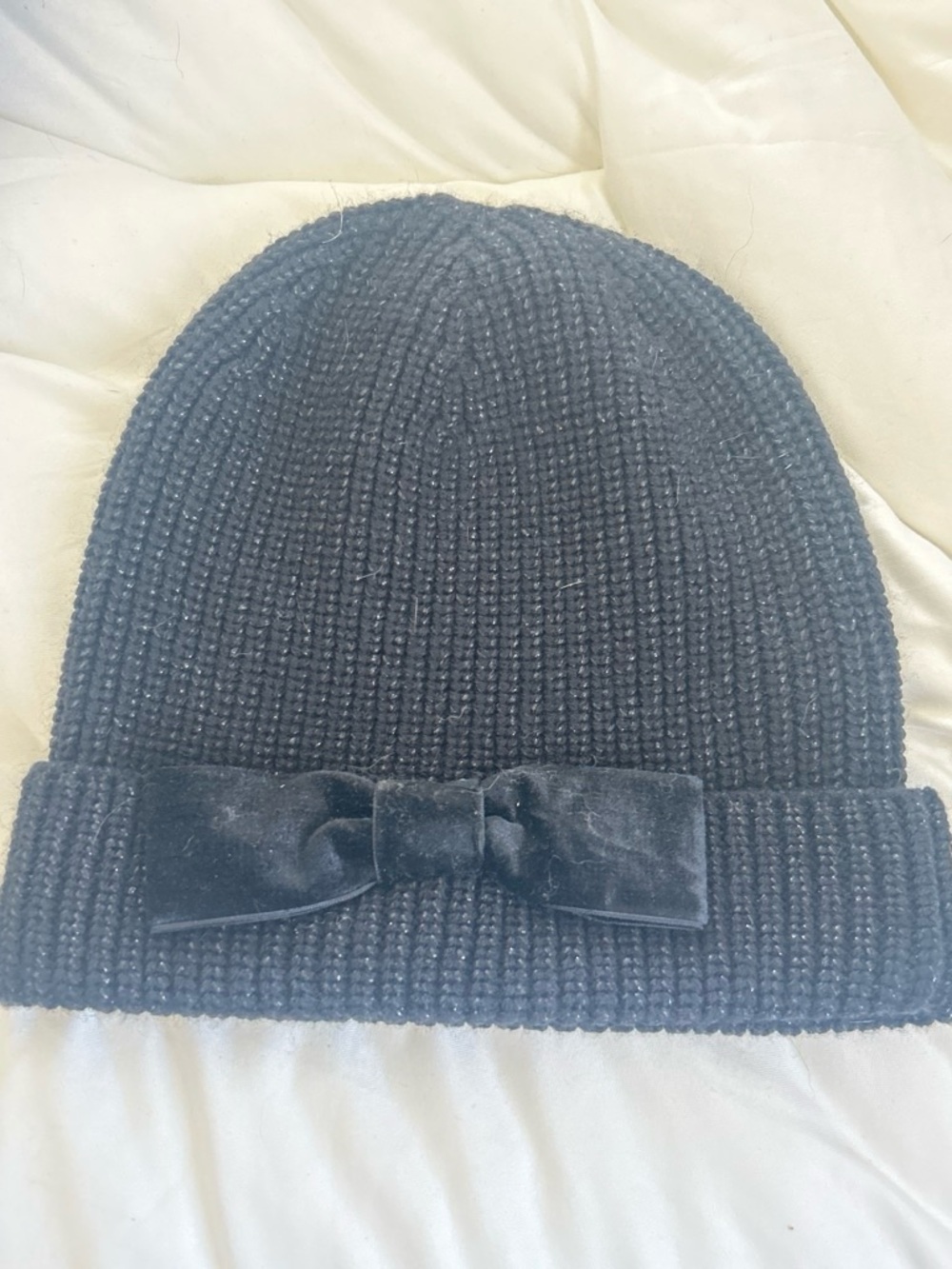 kate spade Black Ribbed Knit Cuff Beanie with Pink Logo Patch